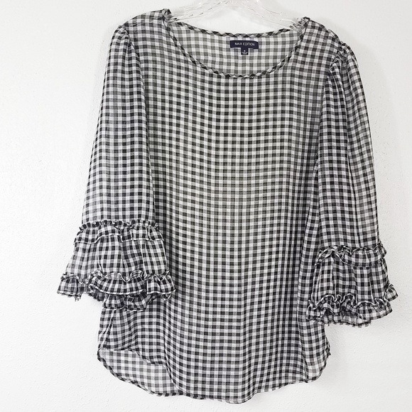 Max Edition Women's Semi Sheer Mini Ruffle Bell Sleeve Shirt Top Blouse - Picture 1 of 8